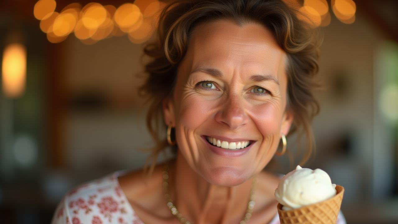 Elizabeth L Buck, founder of the micro creamery, smiling warmly holding an ice cream cone in the Isle of Palms shop.