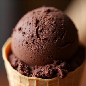 Scoop of decadent chocolate custard ice cream with chocolate shavings.