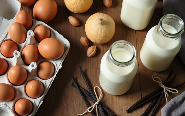 Flat lay of high-quality ingredients: carton of fresh cage-free eggs, bottle of milk, and whole vanilla beans on a rustic wooden table.
