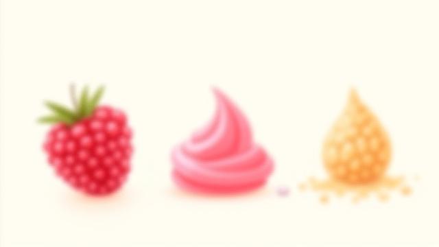 Illustration of three ingredients: a fresh raspberry, a droplet of water, and a spoonful of organic cane sugar, leading to a vibrant sorbetto swirl.