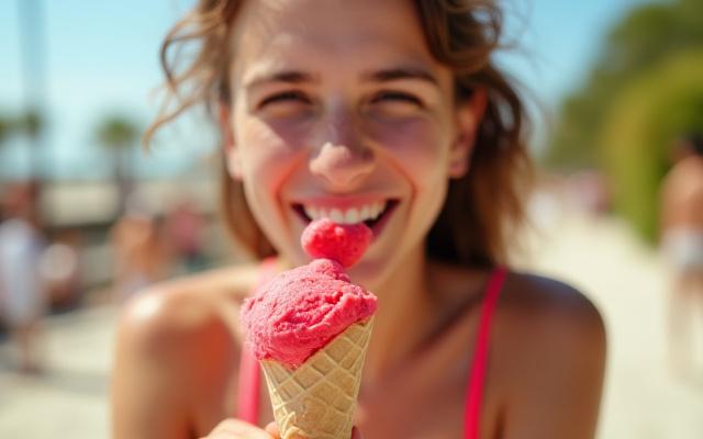 A person happily enjoying a scoop of strawberry sorbetto outdoors