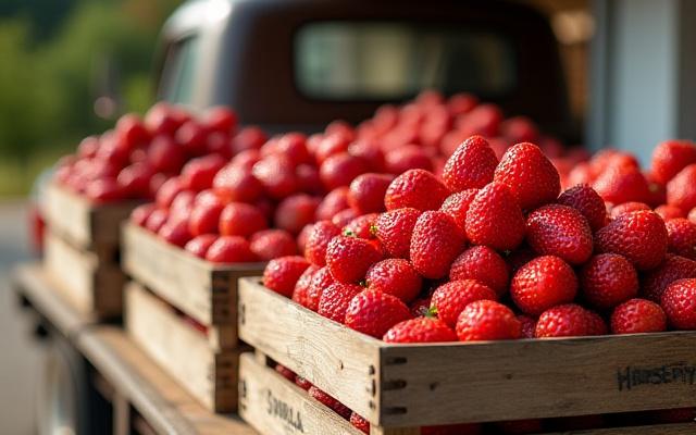 Wooden crates of fresh strawberries arriving at a creamery