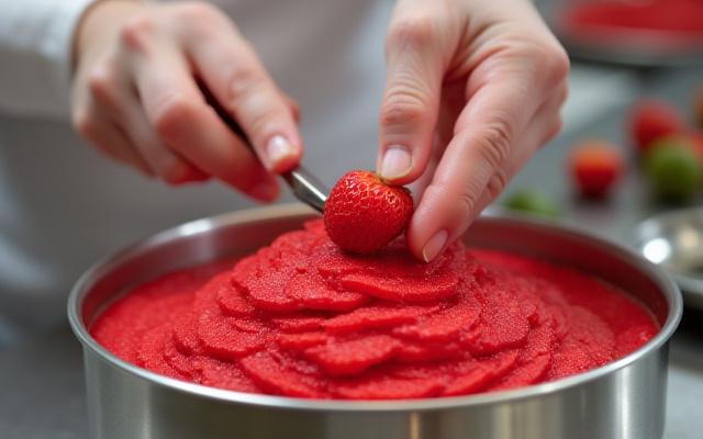 Chef's hands preparing fresh strawberries for sorbetto