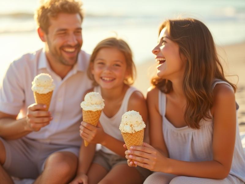 Smiling family (father, mother, two children) enjoying toasted coconut ice cream cones on a sunny beach day.