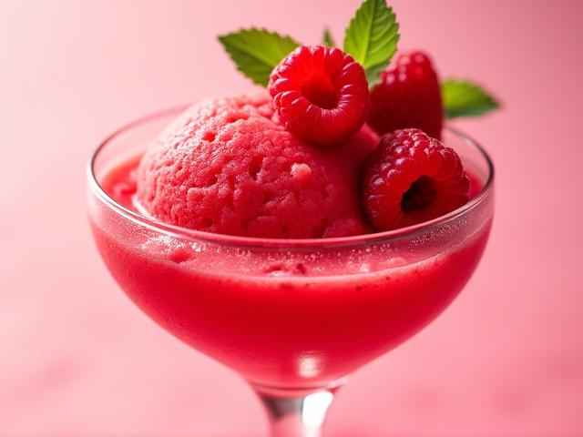 Bright red raspberry sorbetto in a clear glass bowl, garnished with fresh raspberries.