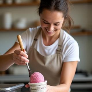 Elizabeth L Buck, the founder, in a warm, inviting setting, smiling while meticulously scooping gelato into a cup.