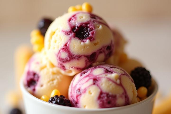 A close-up of sweet corn and blackberry swirl ice cream, glistening with a vibrant purple jam swirl and flecks of corn.