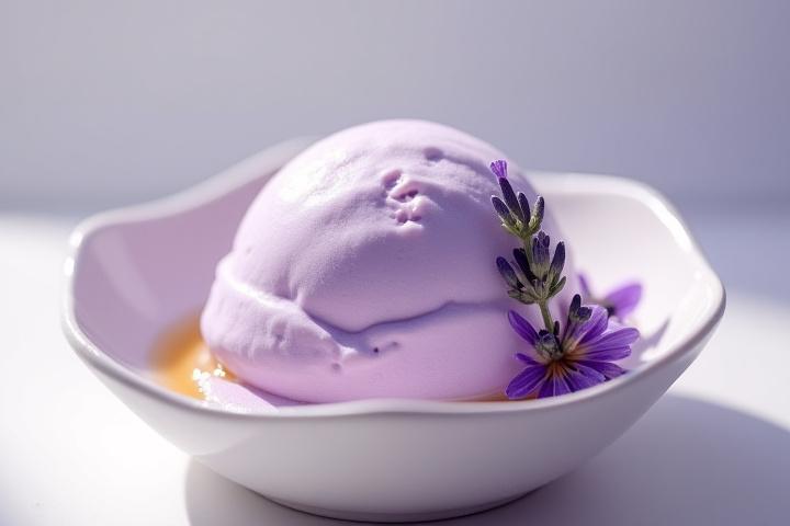 A scoop of pale purple lavender honey ice cream, garnished with a lavender sprig and honey drizzle.