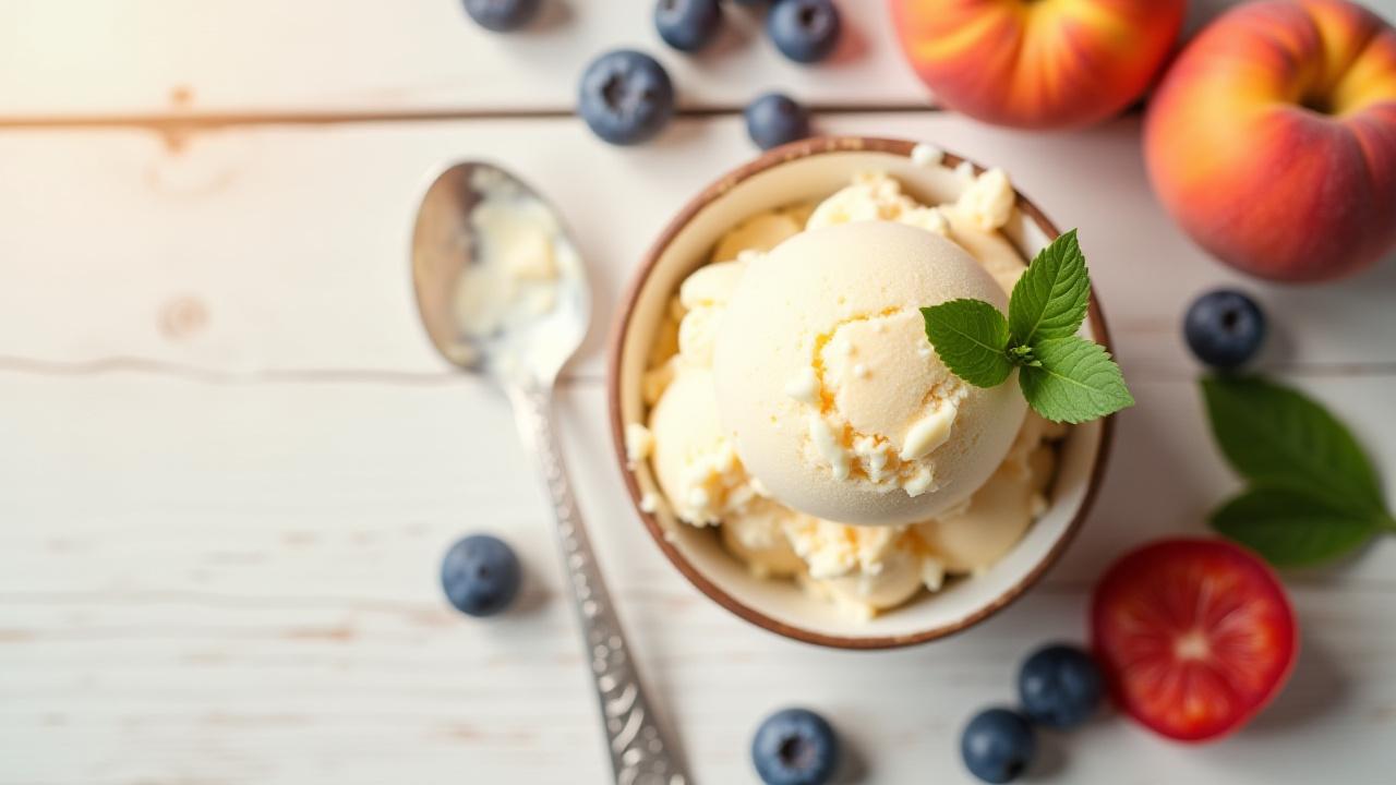 A flat lay of fresh seasonal fruits like peaches and berries alongside a scoop of artisanal ice cream in a bowl.