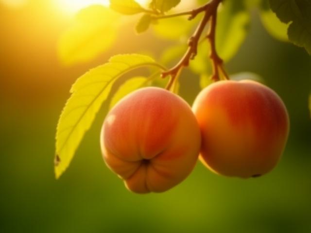 Fresh, ripe peaches being picked from a tree at a sun-drenched South Carolina farm.