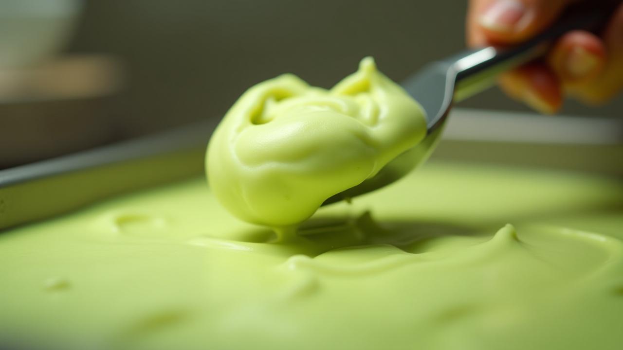 Close-up of a traditional gelato spade lifting a perfect wave of creamy pistachio gelato
