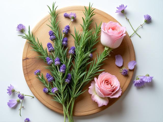 Fresh rosemary, lavender, and rose petals for botanical infusions