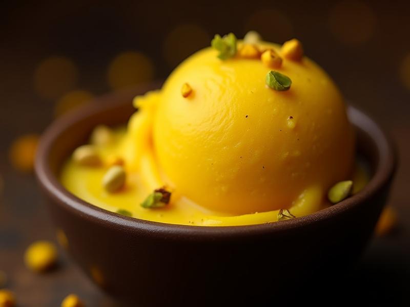 A vibrant golden scoop of Saffron & Cardamom Gelato, garnished with pistachios.