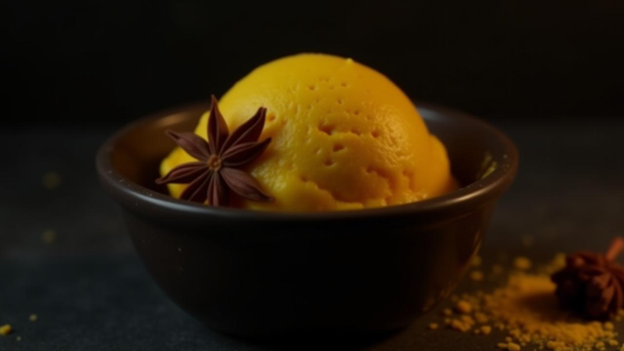 An intriguing scoop of saffron and cardamom gelato in a dark artistic setting, with a delicate saffron thread beside it