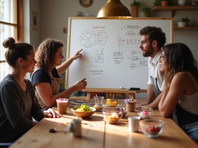 Team members brainstorming unique ice cream flavor ideas with a whiteboard and unusual ingredients on a table.