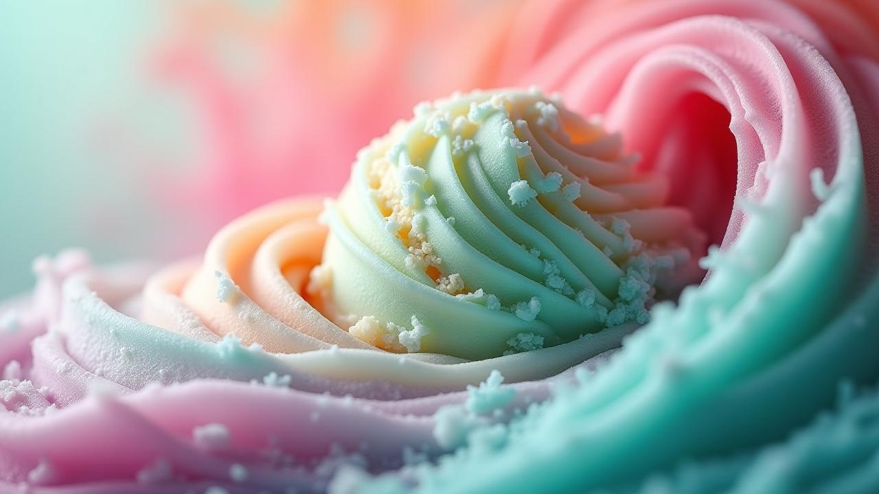 Abstract close-up of a vibrantly swirled unique ice cream flavor, showcasing creativity and unexpected texture.