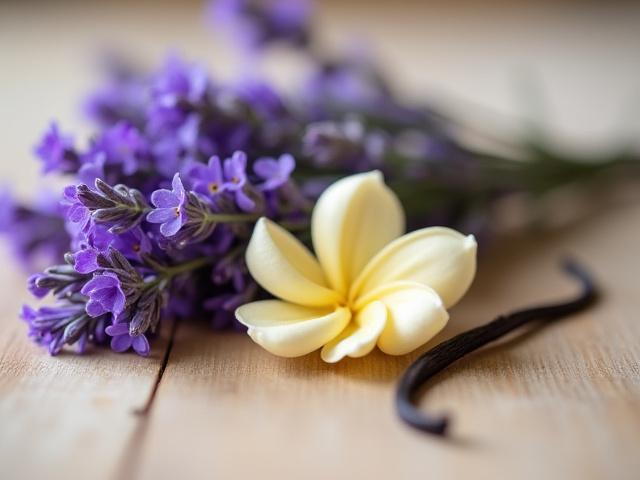 Close-up of fresh lavender sprigs and vanilla beans, key ingredients for an artisanal ice cream flavor.