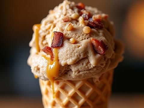 Maple Bacon Brittle ice cream in a waffle cone, topped with crispy bacon bits and maple drizzle.